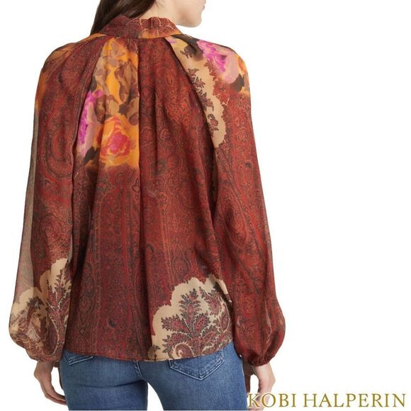 KOBI HALPERIN **NWT** Cleo Paisley-Print Blouson-Sleeve Blouse in Papaya Multi - Picture 9 of 15